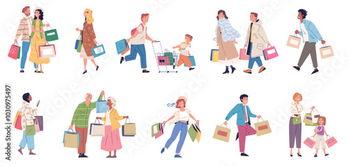 Shopaholic people. Buyers carry shopping bags, happy shoppers joy purchase packing gift discount retail sale mall store, crazy consumers shop customers classy vector illustration
