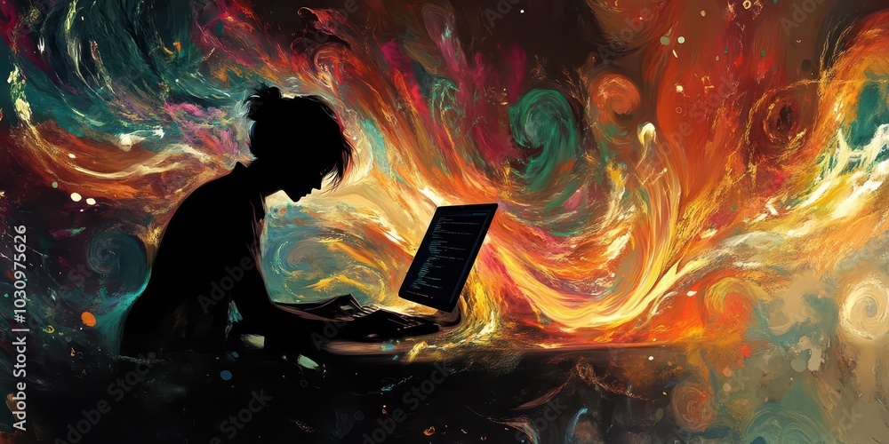 Silhouette of a woman using a laptop against a colorful abstract background. Silhouette of a woman using a laptop against a colorful abstract background.