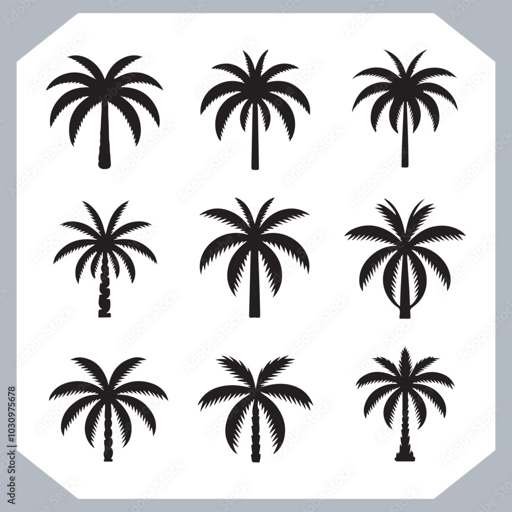 Fototapeta premium Logotype black simple palm tree vector silhouettes, Palm Trees Silhouette, Coconut Tree Silhouette on white background