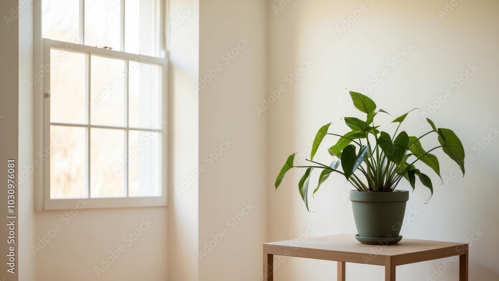 Fototapeta premium Bright Room with Green Plant and Natural Light.