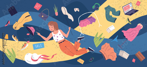 Woman flying clothes. Female shopper shopaholic consumption consumerism shopping addiction concept, sale purchase goods fashion buyer buy apparel, classy wide vector illustration