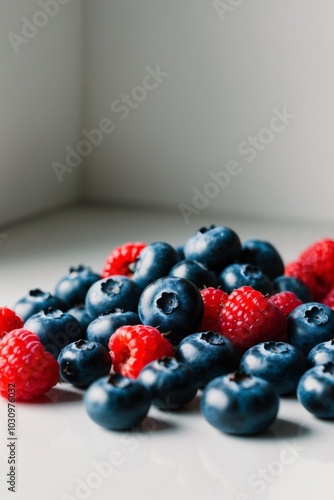 blueberries and raspberries prominently displayed. photo