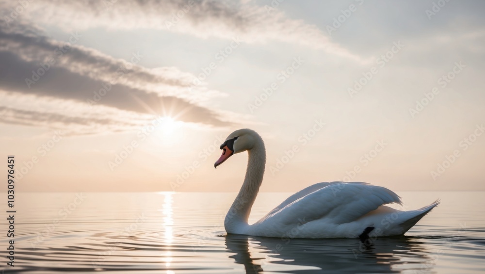 Fototapeta premium A white swan gracefully floats on top of the water next to a brilliant sunburst.