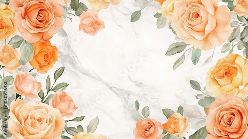 Blank White Card with Floral Garland on Marble Surface