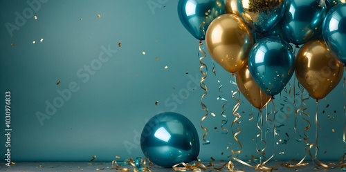 Golden and Teal Balloons Celebrate a Festive Occasion. Capture the spirit of celebration with this vibrant image of gold and teal balloons adorned with shimmering confetti against a turquoise backdrop photo