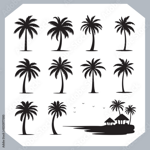 Logotype black simple palm tree vector silhouettes, Palm Trees Silhouette, Coconut Tree Silhouette on white background