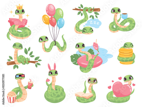 Snakes baby characters. Cartoon funny crawling snake comic zoo kid mascot, happy reptile heart princess or poison serpent tropical jungle animals pet swanky vector illustration