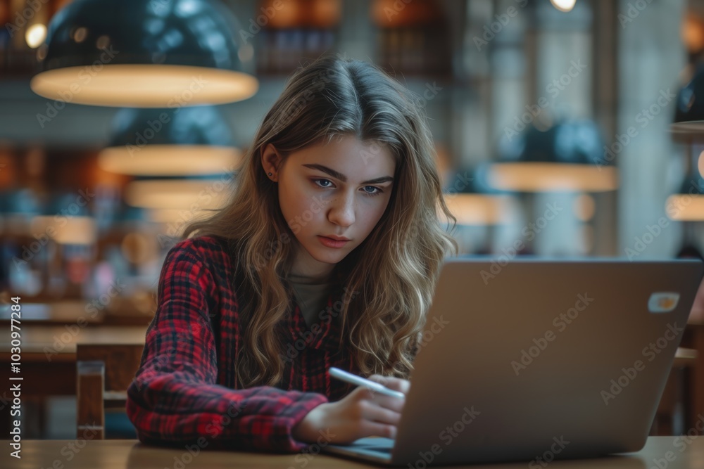 Happy Caucasian teen girl school or college student working on laptop doing homework or preparing for exam in library sitting at desk. Learning math and individual schoolwork concept, close up view Happy Caucasian teen girl school or college student working on laptop doing homework or preparing for exam in library sitting at desk. Learning math and individual schoolwork concept, close up view