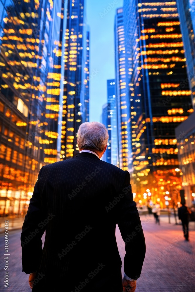 Businessman Walking Through Urban Cityscape at Night Businessman Walking Through Urban Cityscape at Night