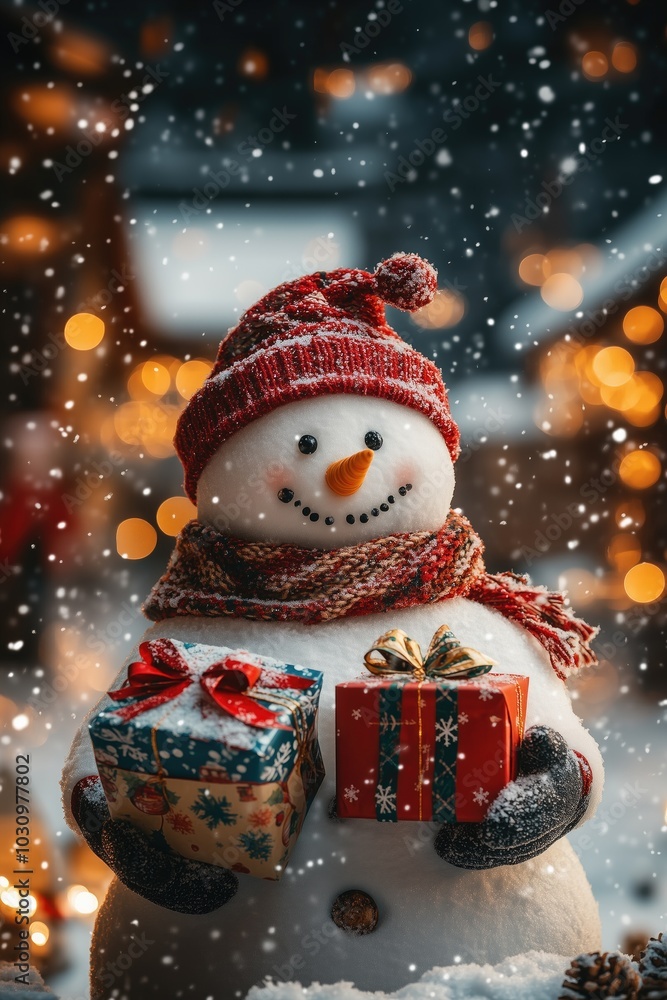 Snowman with christmas presents in his hands. Christmas lights and snowfall in the background, big editable space above him Snowman with christmas presents in his hands. Christmas lights and snowfall in the background, big editable space above him
