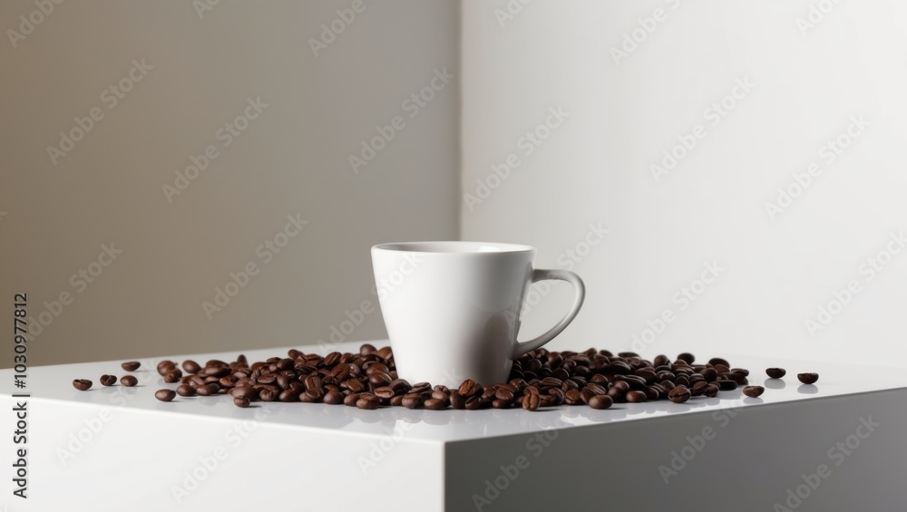a coffee cup on a table with coffee beans and a sharp background. a coffee cup on a table with coffee beans and a sharp background.