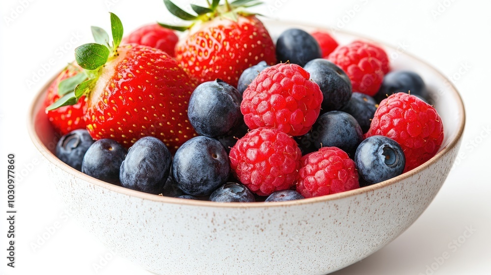 A bowl of assorted berries including strawberries, blueberries, and raspberries on white A bowl of assorted berries including strawberries, blueberries, and raspberries on white