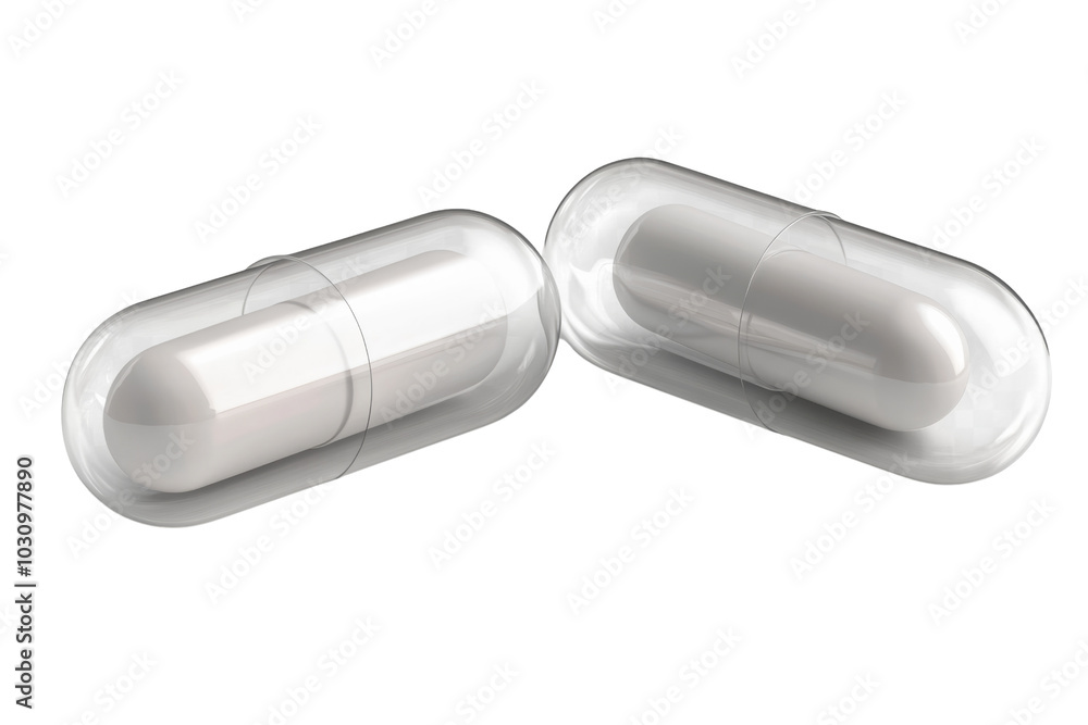 Two transparent capsules stacked together, isolated on white background, representing health and well-being. Two transparent capsules stacked together, isolated on white background, representing health and well-being.
