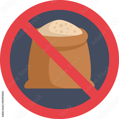 Red forbidden sign with sack of flour representing gluten free diet, no cereals allowed symbol in flat style