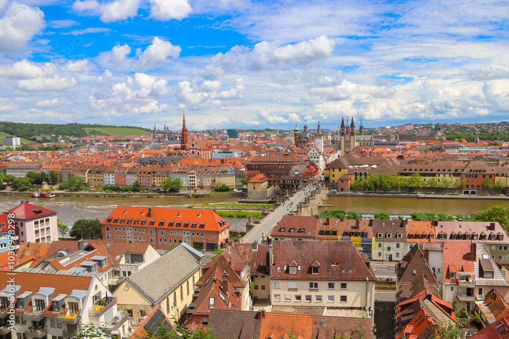 Obraz premium Aerial view of old town of Wurzburg, part of the Romantic Road, Franconia, Bavaria, Germany