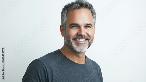 Photo of a middle-aged male model with a long beard and gray hair who looks confident looking at the camera.