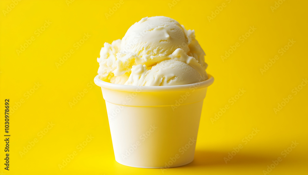 A simple cup of vanilla ice cream in a plastic cup on a bright yellow background, evoking summer refreshment A simple cup of vanilla ice cream in a plastic cup on a bright yellow background, evoking summer refreshment
