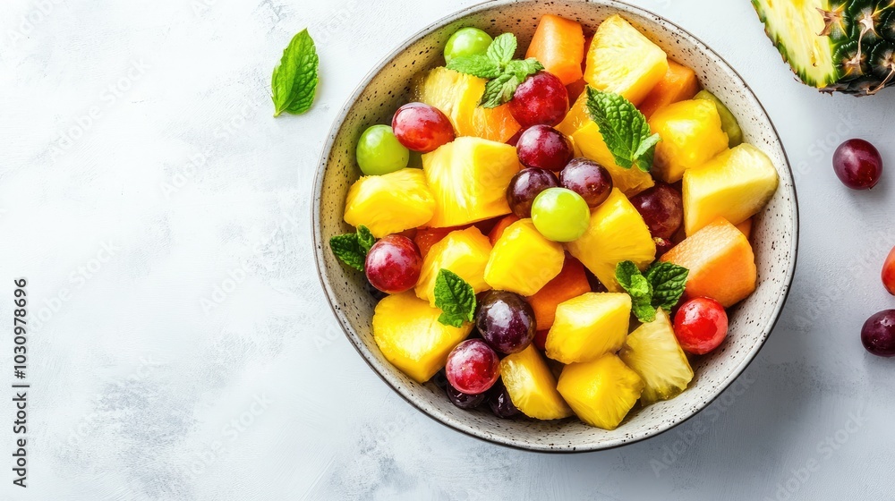 A bowl of organic mixed fruit salad including pineapple, grapes, and melon on a white table A bowl of organic mixed fruit salad including pineapple, grapes, and melon on a white table