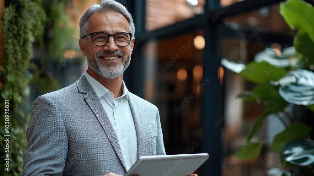 Photo of a professional and elegant middle-aged businessman using a digital tablet. Photo of a professional and elegant middle-aged businessman using a digital tablet.
