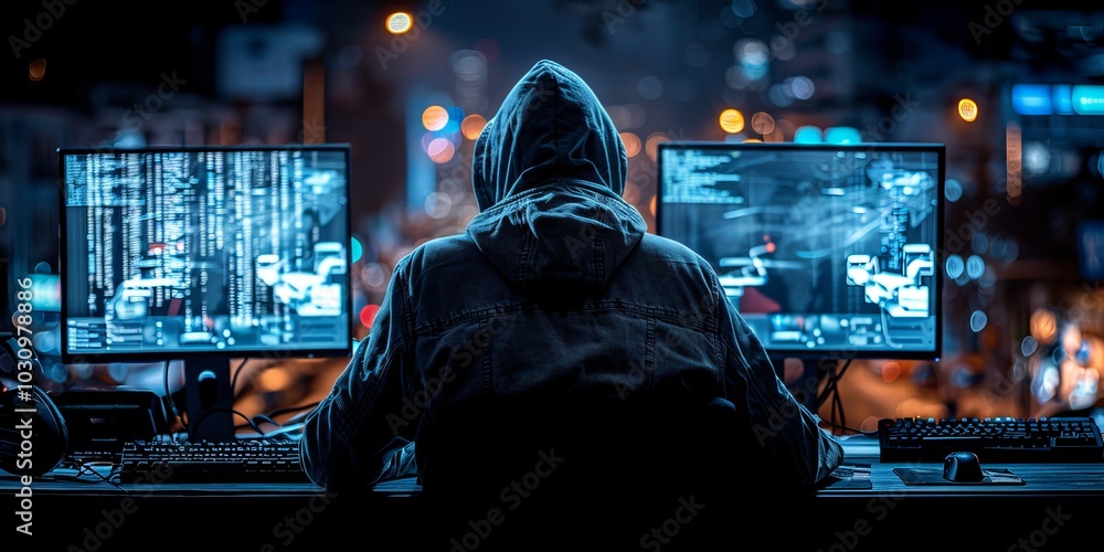 Hacker wearing a hoodie working on multiple computer screens with code, in a dark room illuminated by city lights Hacker wearing a hoodie working on multiple computer screens with code, in a dark room illuminated by city lights