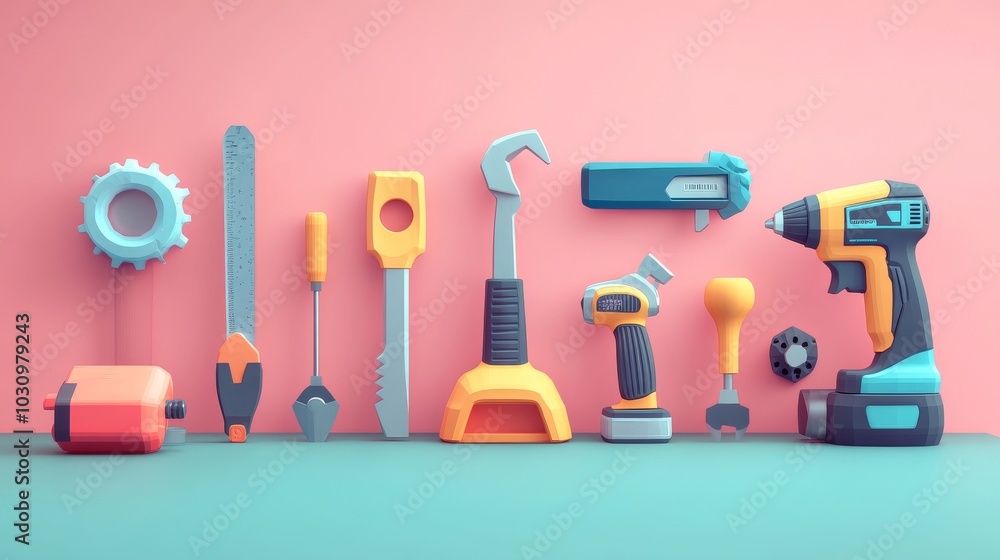 3D vector cartoon icons of essential tools: planer, saw, pliers, screwdriver, vise, drill, hammer, adjustable wrench, bright and detailed 3D vector cartoon icons of essential tools: planer, saw, pliers, screwdriver, vise, drill, hammer, adjustable wrench, bright and detailed