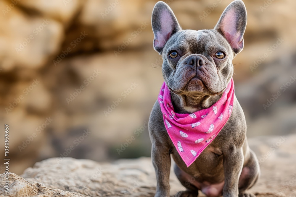 Fototapeta premium French Bulldog Sitting Wearing Bandanna: Cute Dog in Pink Accessory