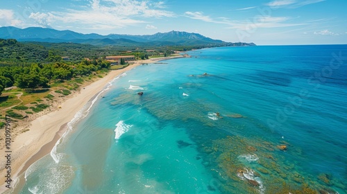 A breathtaking aerial shot of a stunning tropical beach. The blue sea shines under the sun, waves gently breaking on the shore. A perfect scene