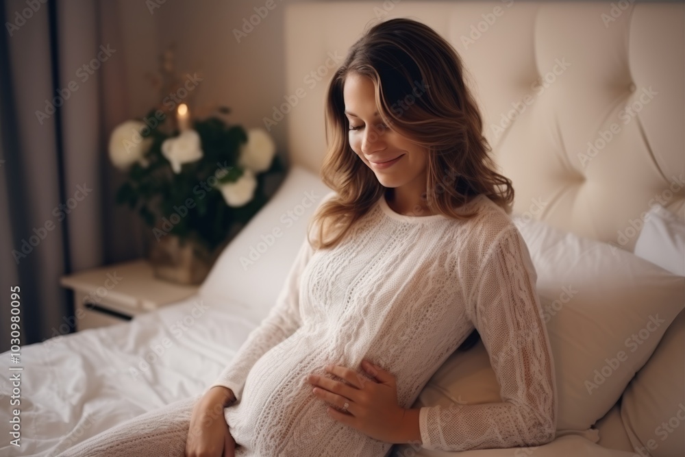 A beautiful Caucasian pregnant woman is sitting in a knitted white tight sweater on bed and gently hugs her tummy. Happy future motherhood concept A beautiful Caucasian pregnant woman is sitting in a knitted white tight sweater on bed and gently hugs her tummy. Happy future motherhood concept