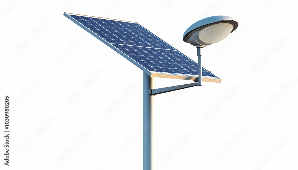 A street light pole with solar panels, isolated on white, emphasizing sustainability and modern technology A street light pole with solar panels, isolated on white, emphasizing sustainability and modern technology