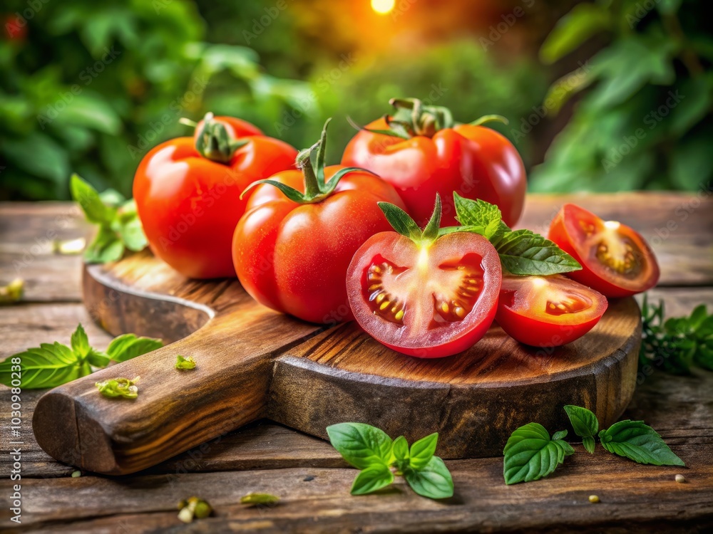 Fresh Home Grown Tomatoes Halved on Rustic Chopping Block - Flat Lay Photography for Food Enthusiasts Fresh Home Grown Tomatoes Halved on Rustic Chopping Block - Flat Lay Photography for Food Enthusiasts