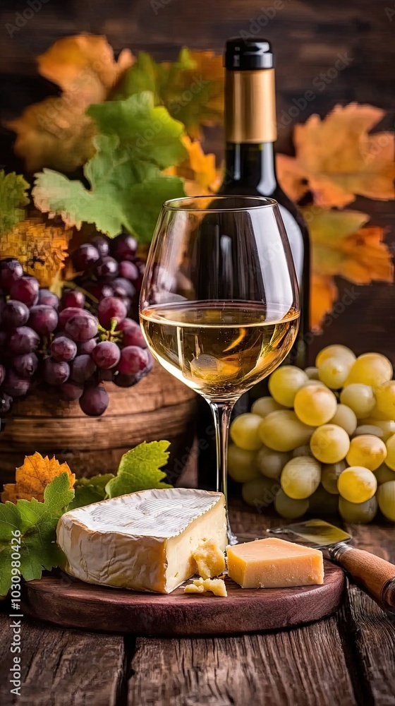 Fototapeta premium This vibrant composition features a glass of white wine alongside a block of cheese and fresh grapes, all set against a rustic wooden table, creating a warm and inviting ambiance