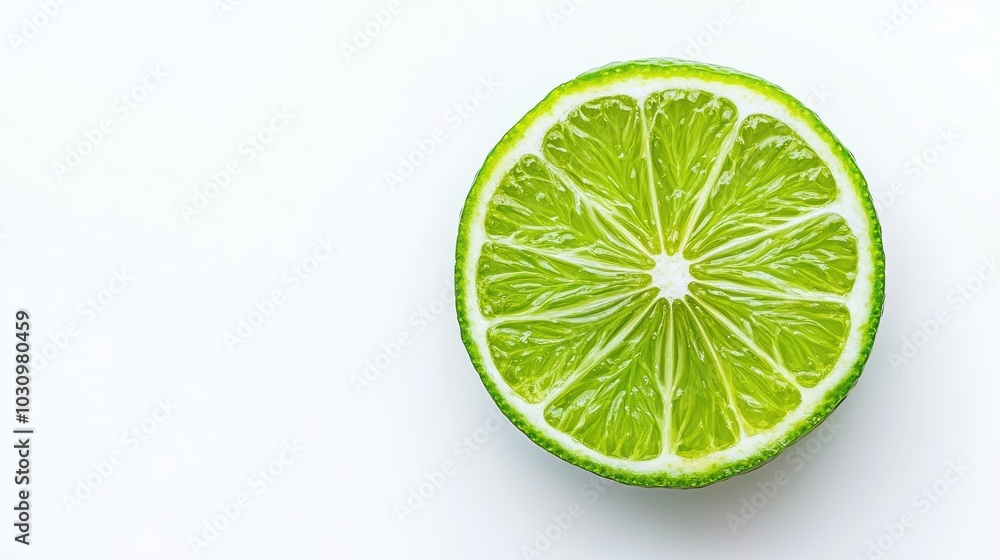 A bright green lime sliced to reveal its tangy interior on a white background A bright green lime sliced to reveal its tangy interior on a white background
