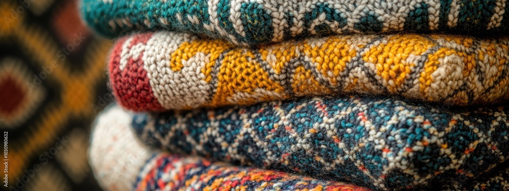 Photo of soft knitted sweaters in a variety of colors and patterns. Photo of soft knitted sweaters in a variety of colors and patterns.