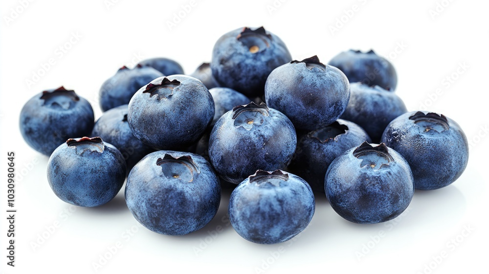 A bunch of fresh blueberries with their deep blue color highlighted against a white surface A bunch of fresh blueberries with their deep blue color highlighted against a white surface