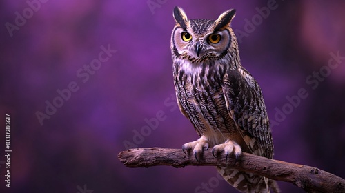 A Close-Up of a Brown and Gray Owl Perched on a Branch Against a Purple Background