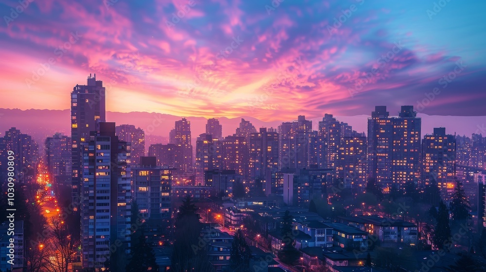 A cityscape at sunset, with the sky ablaze in orange and pink hues, city lights just starting to come on A cityscape at sunset, with the sky ablaze in orange and pink hues, city lights just starting to come on