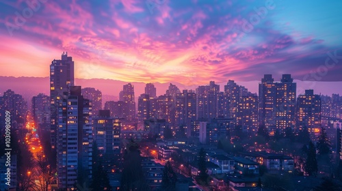 A cityscape at sunset, with the sky ablaze in orange and pink hues, city lights just starting to come on