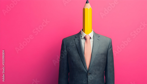 A successful manager in a gray suit with a yellow pencil for a head, on a pink background, representing brainstorming, creativity, and art in business  
