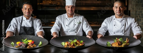 Photo of professional chef serving food on a plate with his cooking expertise. photo