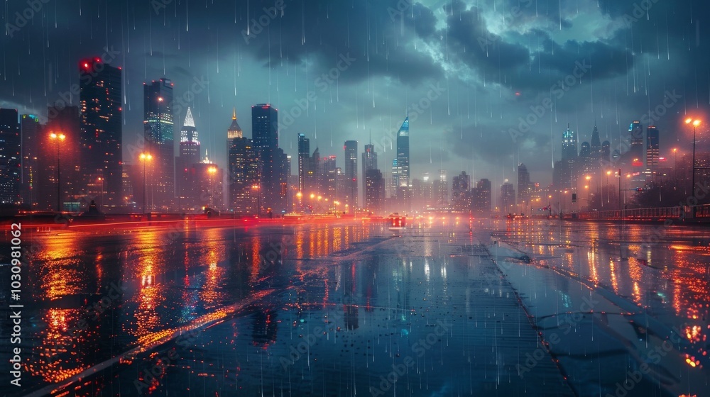 A cityscape during a storm, dark clouds, heavy rain, and the city lights reflecting on wet streets A cityscape during a storm, dark clouds, heavy rain, and the city lights reflecting on wet streets