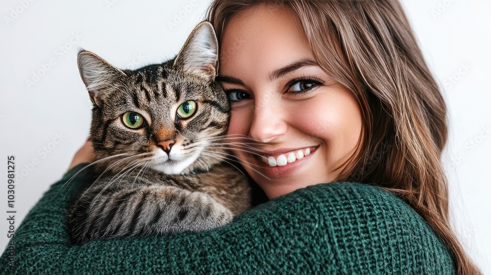 Photo of a woman in a green sweater holding a cat. Photo of a woman in a green sweater holding a cat.