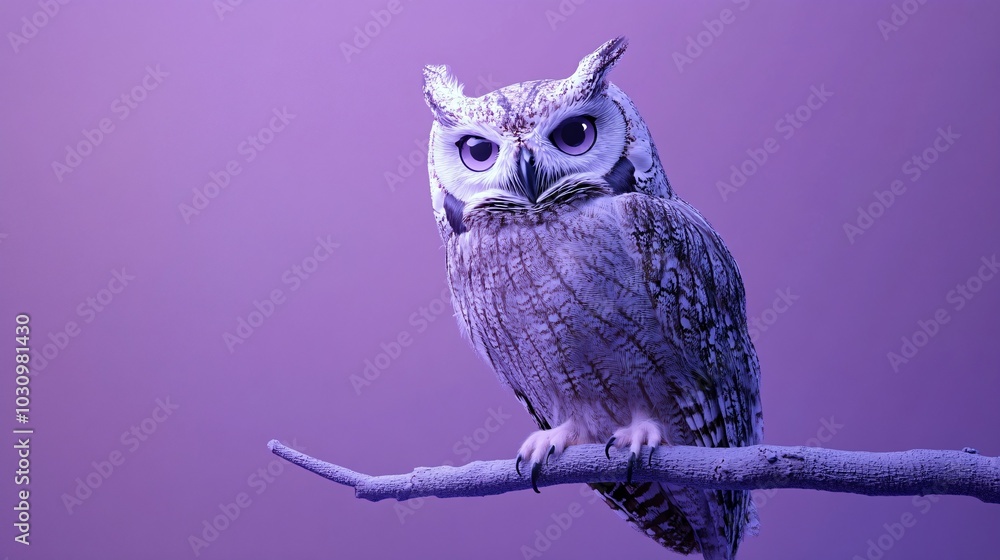 A Perched Owl With Big Eyes Against a Purple Background A Perched Owl With Big Eyes Against a Purple Background