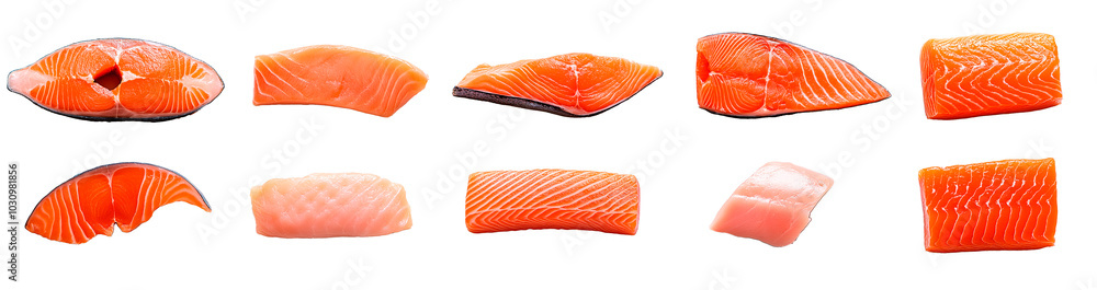 Slices of red fish on a transparent background. AI generation Slices of red fish on a transparent background. AI generation