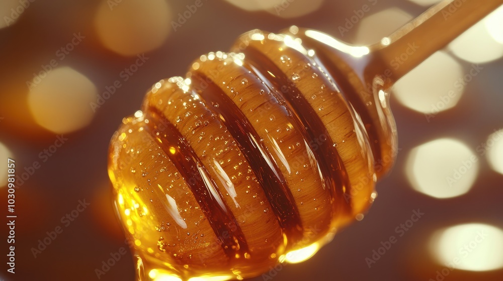 A close-up of a honey dipper covered in golden honey, with a blurred background of a breakfast table A close-up of a honey dipper covered in golden honey, with a blurred background of a breakfast table