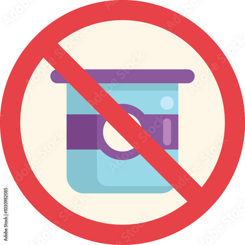 Simple colorful vector illustration depicting a yogurt pot crossed out by a red prohibition sign, representing a lactose free diet