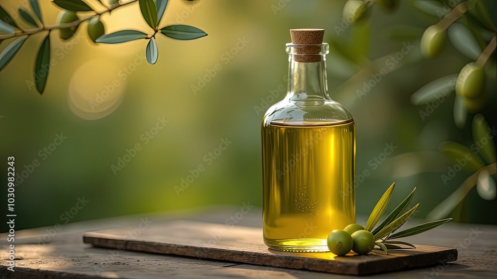 olive oil in a glass bottle on a background of olive tree. olive oil in a glass bottle on a background of olive tree.