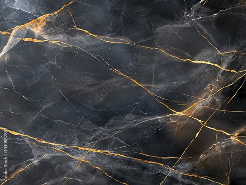 Elegant black marble texture with striking golden veins, ideal for luxury backgrounds and design projects.