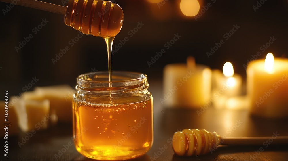 A close-up of honey being poured into a glass jar, with a honey dipper and beeswax candles nearby A close-up of honey being poured into a glass jar, with a honey dipper and beeswax candles nearby