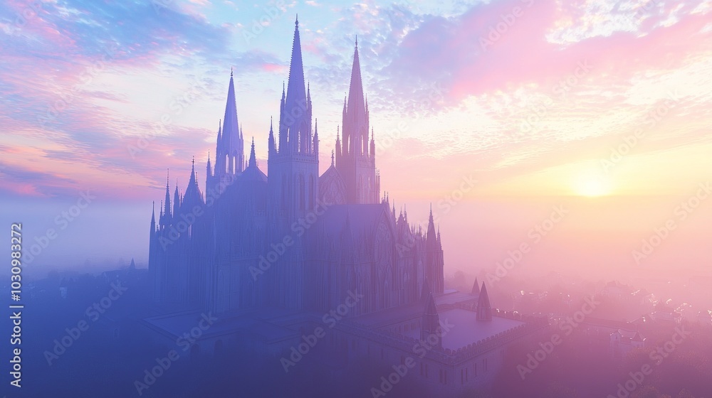 Gothic Church Silhouetted in Colorful Sunset Sky - Ultra-Detailed 3D Render Illustration Gothic Church Silhouetted in Colorful Sunset Sky - Ultra-Detailed 3D Render Illustration