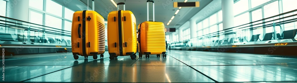 Fototapeta premium Three yellow suitcases are lined up in an airport waiting area